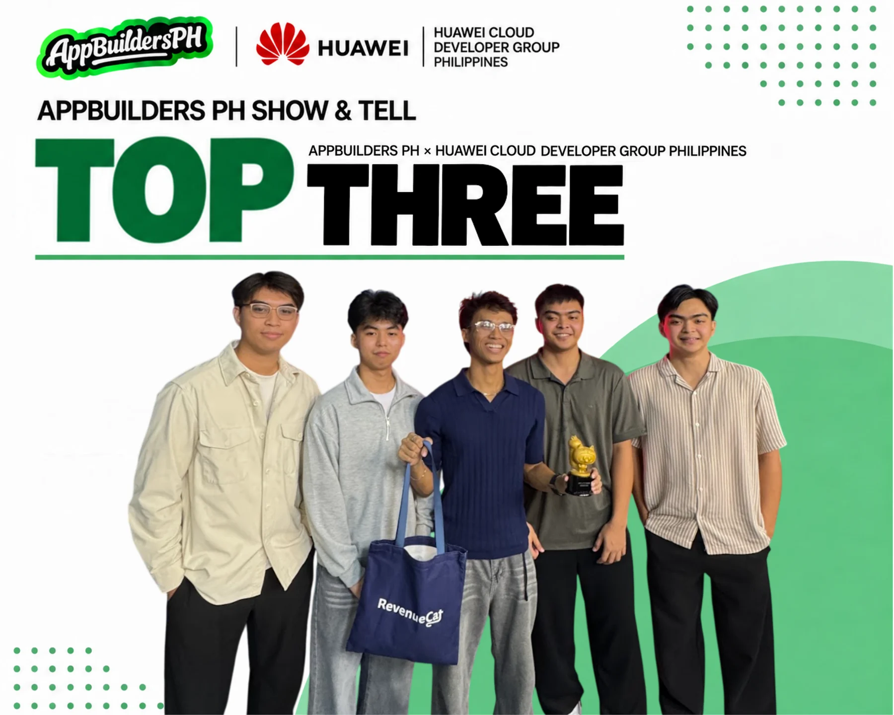 Five Theoraux team members holding a RevenueCat tote bag and a gold trophy on the AppBuilders PH and Huawei Cloud Developer Group Philippines Show and Tell Top Three announcement graphic