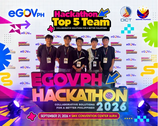 Five Theoraux team members posing in front of the eGovPH Hackathon 2026 sign on the Hackathon Top 5 Team announcement graphic, September 21, 2026 at SMX Convention Center Aura
